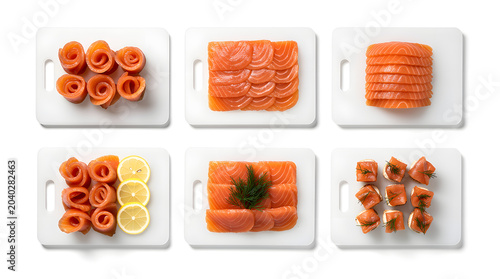 Smoked Salmon Assortment: A delightful collection of smoked salmon preparations, showcasing various slicing and presentation styles, from delicate rosettes to neatly stacked slices.