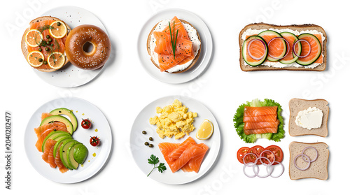 Salmon and Avocado Delights: A vibrant collection of delectable salmon dishes, featuring fresh avocado, cream cheese, bagels, and toast, presented in a bright, top-down culinary showcase.