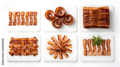 Crispy Bacon Assortment: A culinary spread showcasing various preparations of crispy bacon, from classic strips to intricate woven patterns and tempting swirls.