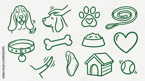 Konstfotografi Hand-drawn green outline icons depicting various dog-related items and pet care activities on a light background, perfect for pet shop branding or animal welfare designs