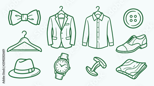 Foto A collection of men's fashion accessories and clothing items, including a bow tie, suit jacket, dress shirt, shoes, hat, watch, cufflinks, and a button, depicted as green line art icons