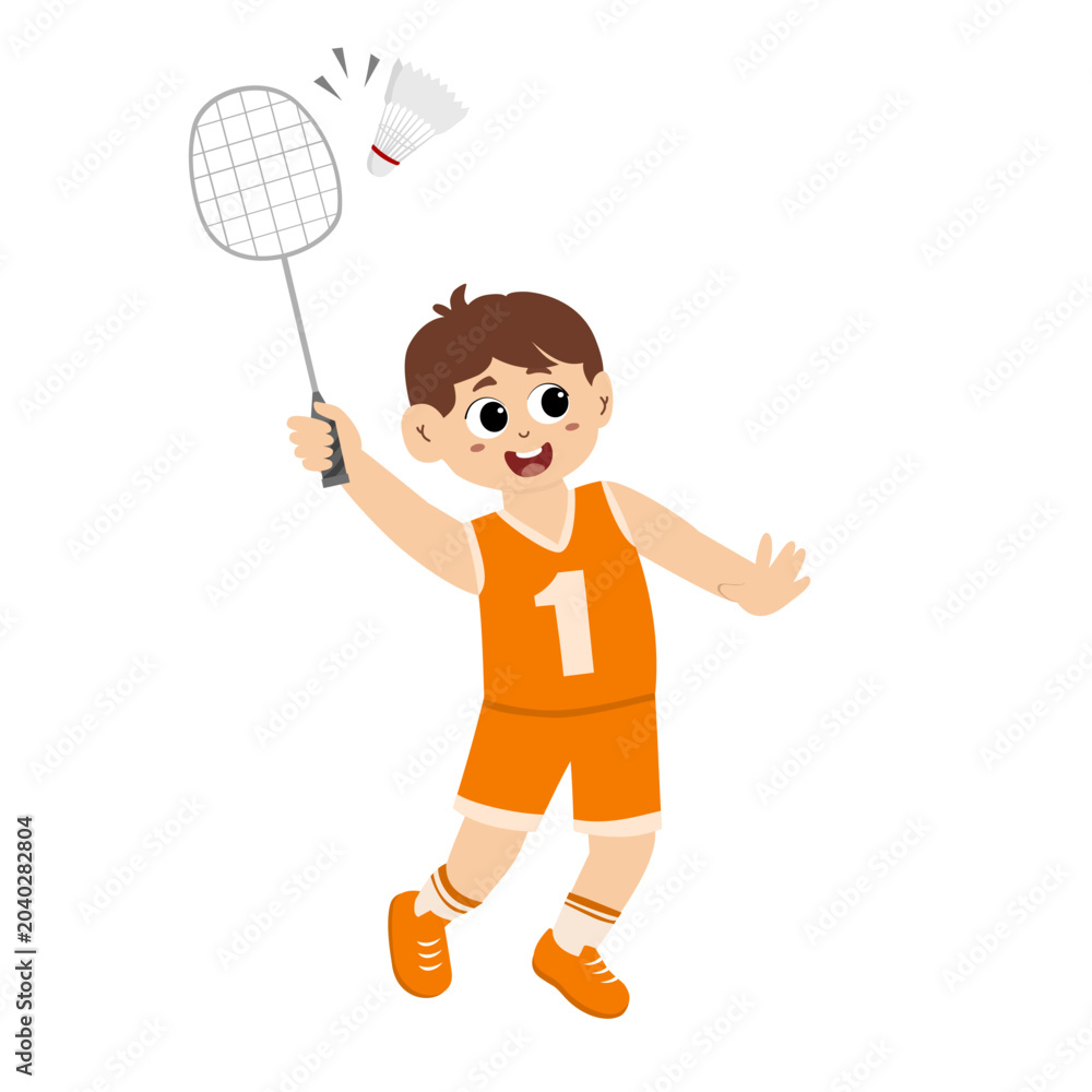 Φωτογραφία Little kid playing badminton with a happy feeling