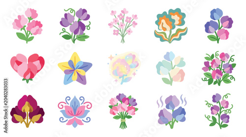 Obraz na płótnie Collection of stylized sweet pea flowers and floral elements in various pastel colors and artistic interpretations