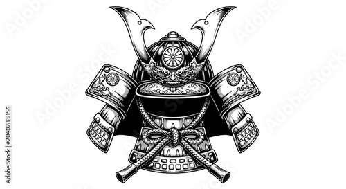 Intricate Engraving Style Japanese Samurai Helmet (Kabuto) with Traditional Armor - Historical Warrior Illustration