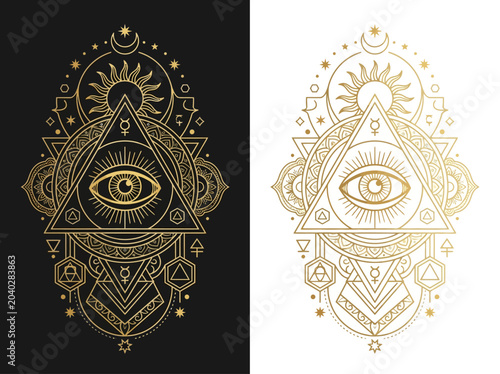 Tableau sur toile Mystical All-Seeing Eye and Alchemy Symbols Set in Gold, Sacred Geometry Esoteri