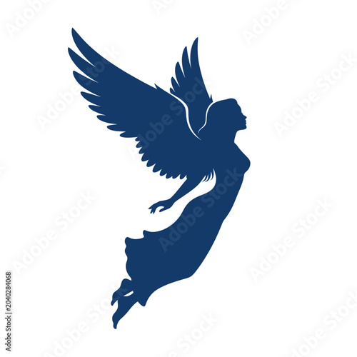 Quadro su tela Silhouette of a Winged Angel Flying Gracefully Against White Background