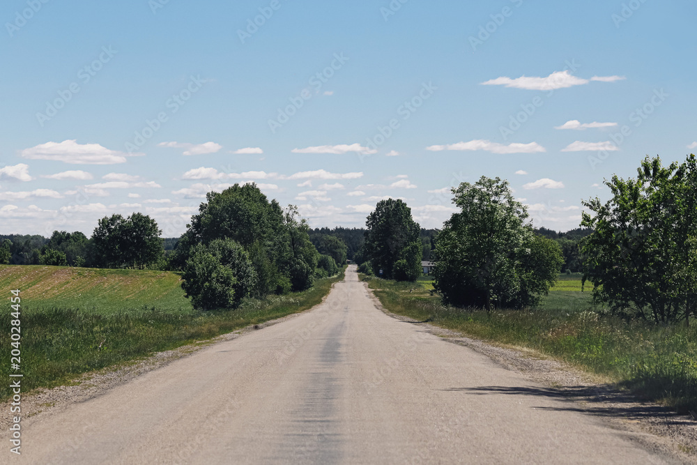 Naklejka premium Empty rural road stretching through countryside landscape. Scenic route between fields and trees under blue sky. Peaceful transportation concept in agricultural region.