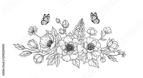 Detailed black and white botanical line art featuring a lush bouquet of flowers and two flying butterflies for design.