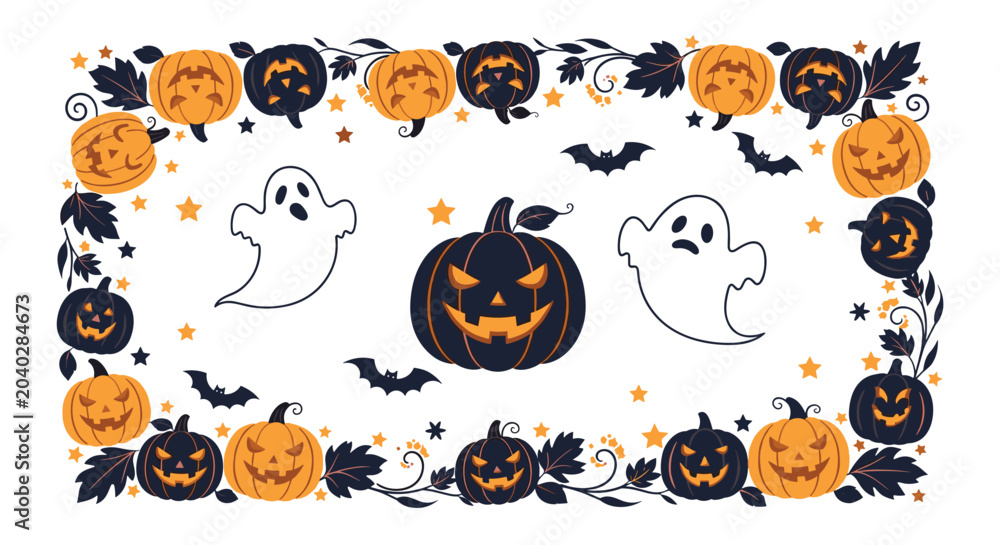 Obraz premium Festive Halloween border design featuring various pumpkins, jack-o-lanterns, white ghosts, and black bats on a white background for decor.