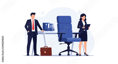Professional businessman and businesswoman stand in a contemporary office setting with a large blue chair, desk, and office folders.