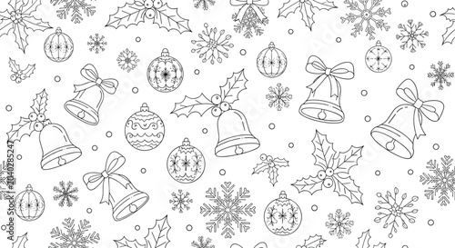 Seamless Christmas holiday pattern featuring black and white outlines of festive bells, ornaments, holly leaves, and delicate snowflakes.