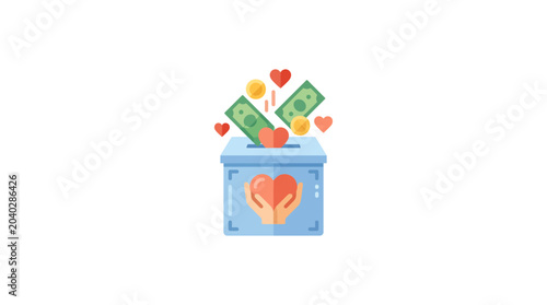 Schilderij op canvas Charity Donation Box with Money, Hearts, and Coins - Concept of Giving and Gener