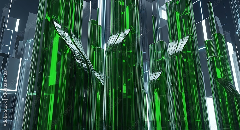 Fototapeta premium Abstract futuristic cityscape with towering green glass structures and metallic feather-like elements.