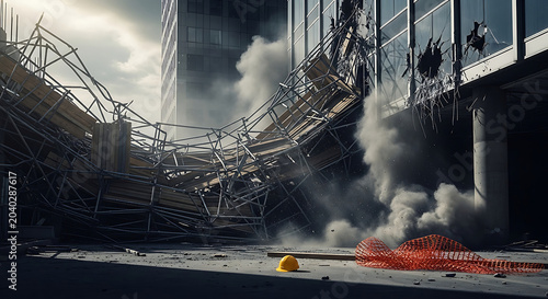 Dramatic scaffolding accident and structural collapse at a highrise construction site featuring twisted metal debris smoke and a fallen hard hat in the rubble