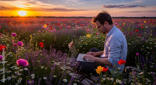 Man working on a laptop in a field of flowers at sunset
