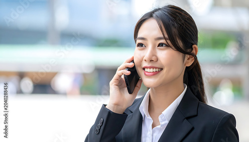 Smiling businesswoman in a suit talking on a mobile phone outdoors with a modern cityscape in the background, positive communication and connection