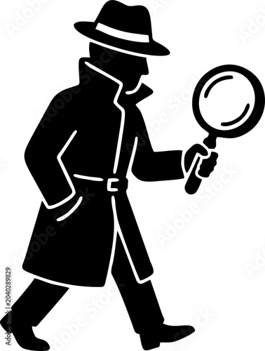 Konstfotografi Detective Silhouette Walking with Magnifying Glass Wearing Trench Coat and Fedor