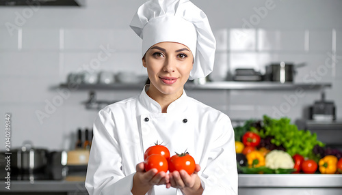Smiling female chef in uniform holds ripe tomatoes in a modern kitchen, fresh ingredients in background, cooking preparation