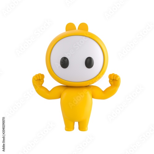Canvas Print Cute 3D render Yellow Little Monster character flexing muscles to show strength, confident and powerful mascot style, isolated on white background