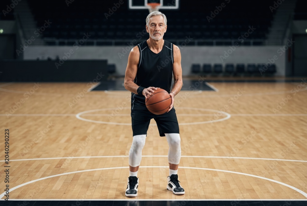 Fototapeta premium An athletic older man poised with a basketball on a court, showcasing strength, determination, and the spirit of the game.