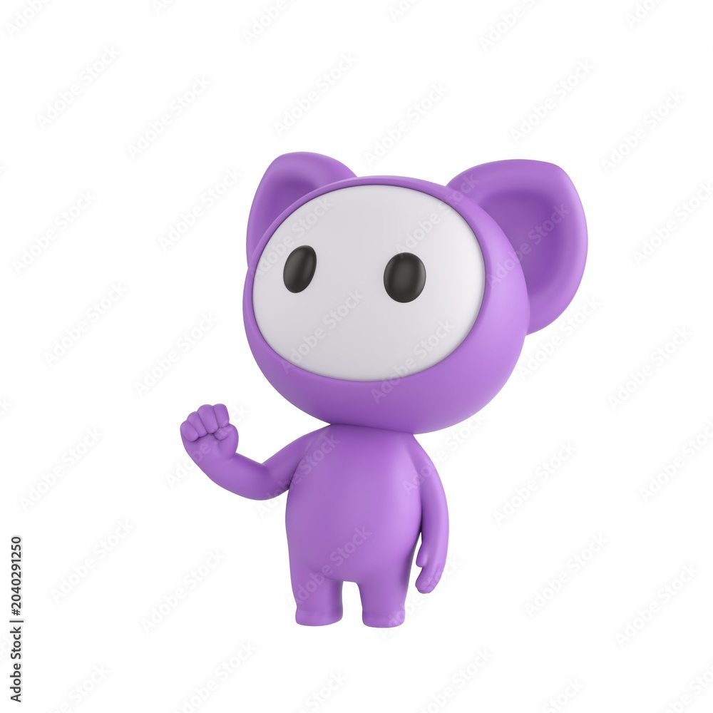 Obraz premium Cute 3D render Purple Little Monster character raising one fist with confidence, head held high and looking upward, strong and determined pose, isolated on white background.