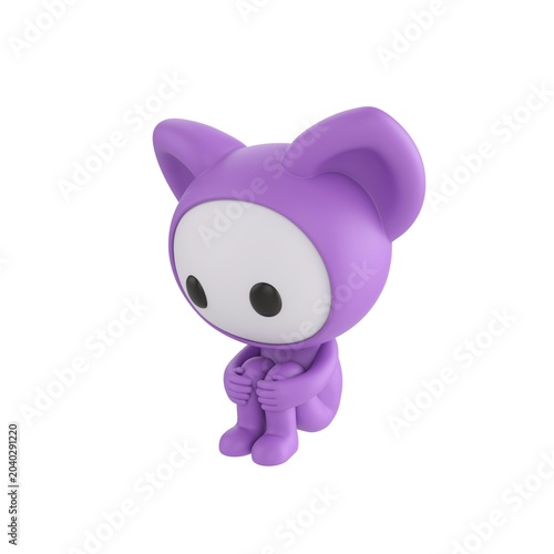 Quadro em tela Cute 3D render Purple Little Monster character sitting on the floor hugging knees