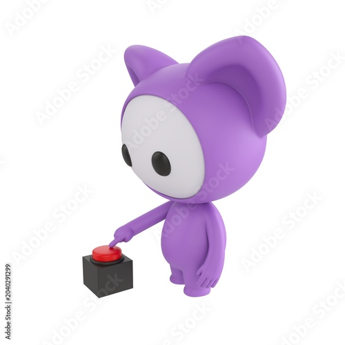 Cute 3D render Purple Little Monster character pressing a red button with one finger, side view, focused and intentional action pose, isolated on white background.