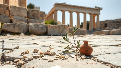 Ancient pottery shards and an olive branch on sun-drenched stone ruins.