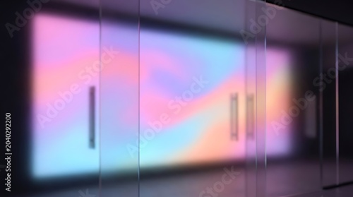 Abstract colorful light projection on a wall viewed through clear glass panels creating a soft iridescent effect