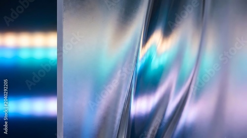 Abstract light reflections on a textured surface with blurred colorful lights creating a dynamic and vibrant background