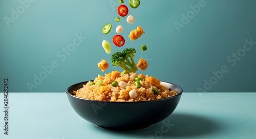 Fresh vegetables and broccoli falling into a bowl of delicious fried rice for a healthy meal