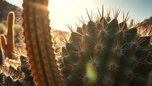 A large cactus with long spines under harsh desert sunlight.