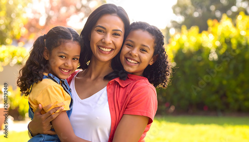 Smiling mother holding her two happy daughters outdoors in a sunny garden, family bonding and love
