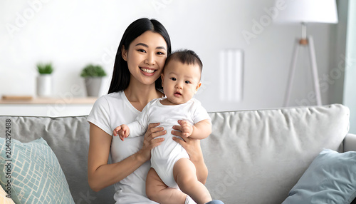 Smiling mother holding her baby on a sofa, indoor family portrait, casual lifestyle, bond and love