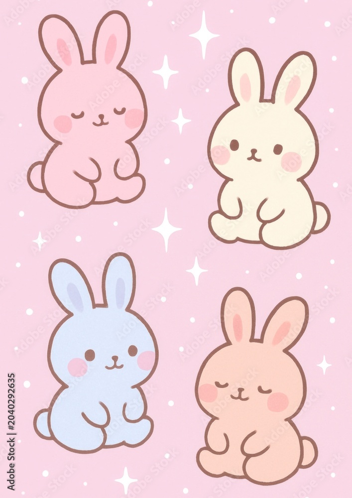 Fototapeta premium Cute pastel bunnies on pink.