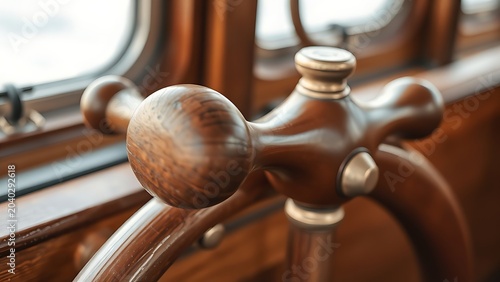 Wooden boat tiller handle with brass fittings, warm wood grain detail.