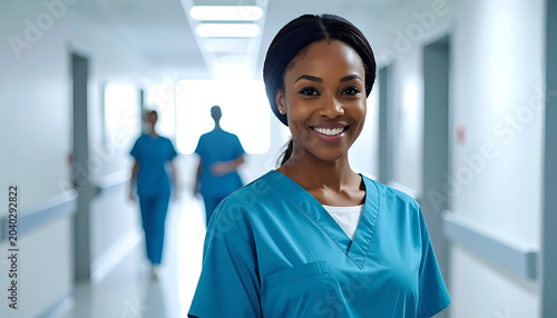 Smiling nurse in teal scrubs standing in a hospital corridor with colleagues blurred in the background