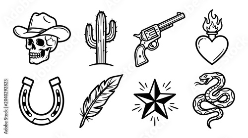 Quadro su tela Wild West Icons: Skull, Cactus, Revolver, Heart, Horseshoe, Feather, Star, Snake