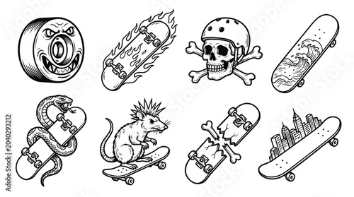 Fotografía Skateboard Illustrations: Skull, Rat, Snake, Flames, City, Wheel, Broken Board,