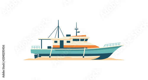 Tableau sur toile A colorful illustration of a fishing boat on a sandy shore.