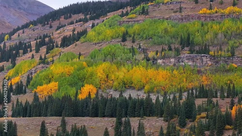 Aerial view of Colorado fall landscapes along Million Dollar Highway with views of mountainside fall foliage trees in San Juan Mountains during autumn season - 4K Drone