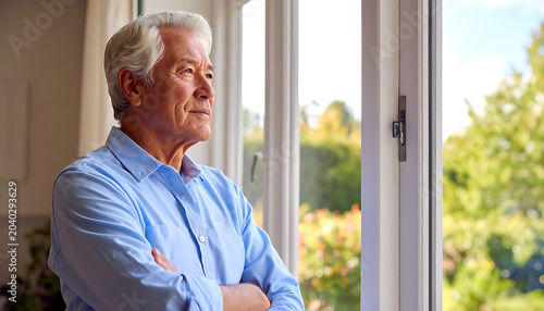 Smiling senior man with arms crossed looking out a window with trees and garden in the background, contentment, positive aging