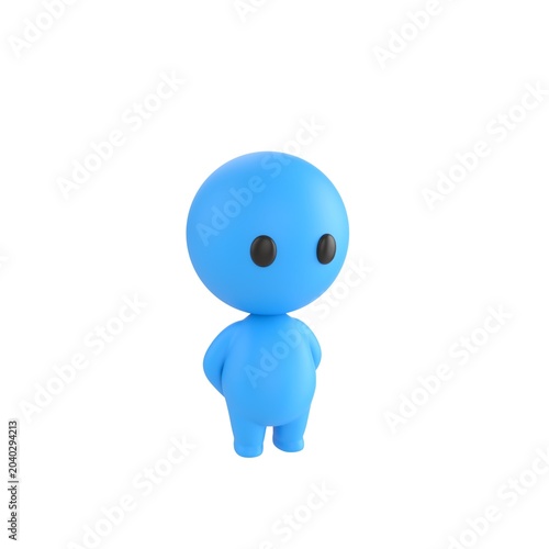 Photography Cute 3D render Little Blue Boy character standing calmly with hands behind back, polite and confident mascot style, isolated on white background