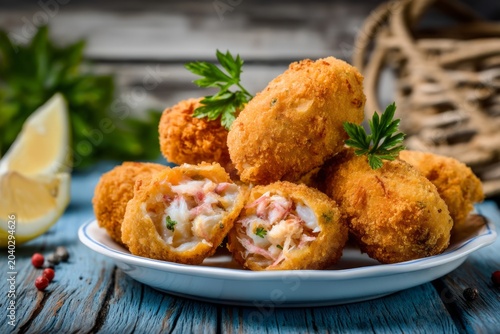 Crispy Fried Crab Croquettes on a White Plate with Fresh Herbs and Lemon Wedges for Appetizing Presentation