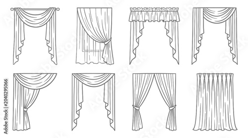 Obraz na płótnie Collection of elegant draped curtains and window treatments in line art style