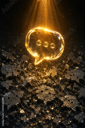 Glowing golden speech bubble resting on a futuristic digital surface, representing online communication