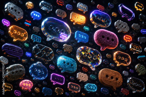 Vibrant collection of colorful speech bubbles floating in a futuristic digital environment. Concept of social networking