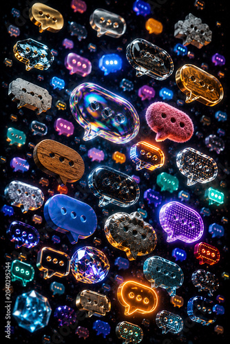 Vibrant collection of colorful speech bubbles floating in a futuristic digital environment. Concept of social networking