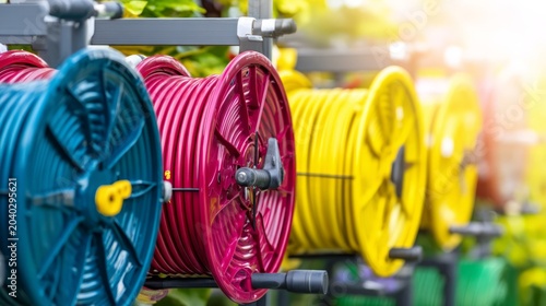 High Quality Garden Hose Storage Reel in Various Colors with Bright Background and Lush Greenery for Outdoor Spaces