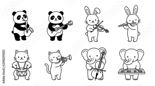 Bild auf Leinwand Cute Animal Orchestra: Panda, Rabbit, Cat, Elephant Playing Instruments